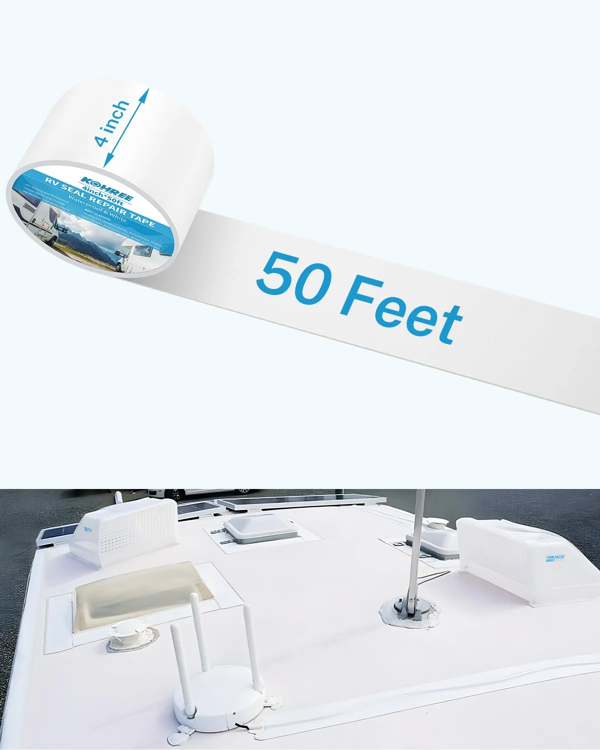 Kohree RV Sealant Tape, 4 Inch x 50 Foot RV Roof Tape White Waterproof Seal Tape UV & Weatherproof Sealant Roofing Tape for RV Repair, Window, Boat Sealing, Truck Stop Camper Roof Leaks