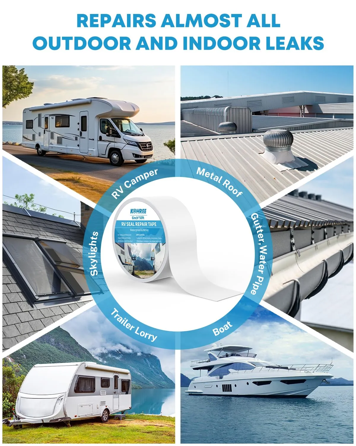 Kohree RV Sealant Tape, 6 Inch x 50 Foot RV Roof Tape White, UV Resistant, Weatherproof Repair Sealant Tape for RV, Boat Sealing, Truck Stop Camper Roof Leaks