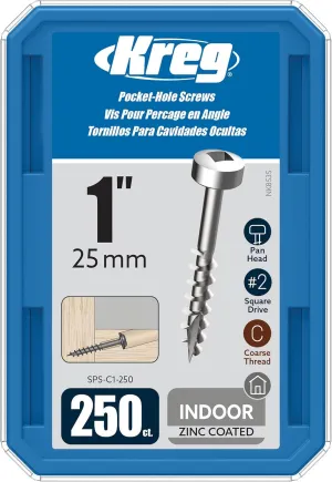 Kreg SPS-C1-250 Zinc Pocket Screws, 1-Inch #7 Coarse Thread, Pan- Head (250 Count)