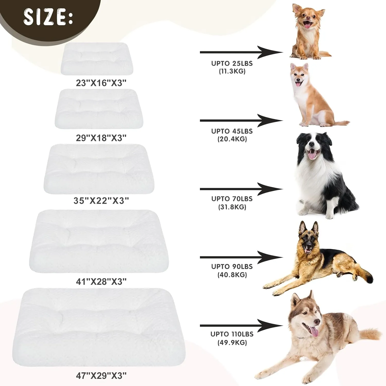 Kroser Deluxe Crate Pad, Dog Kennel Bed - Soft, Reversible (Cool & Warm), Machine Washable - Small to Jumbo Dogs, White