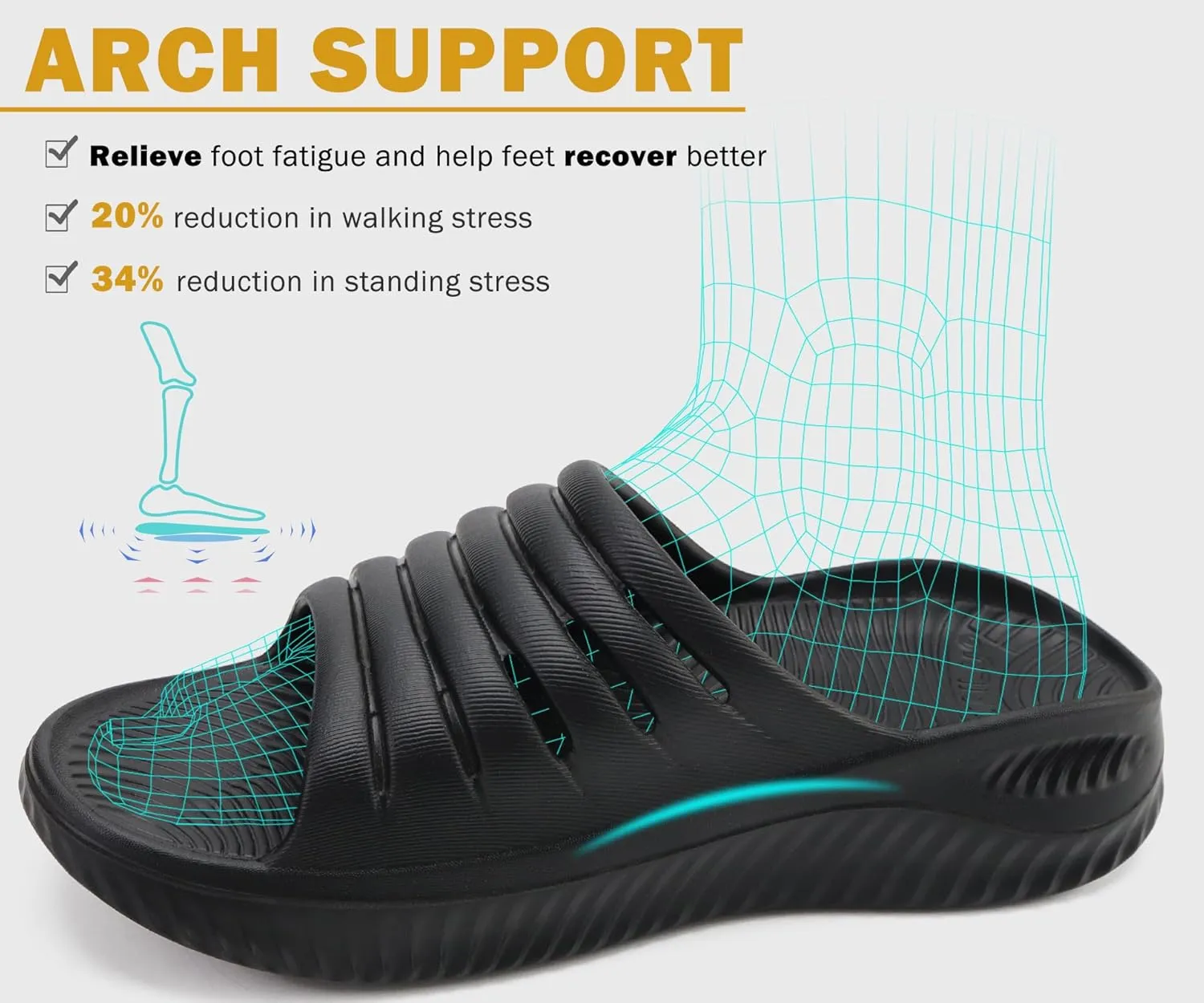 KuaiLu Womens Recovery Sandals With Comfortable Plantar Fasciitis Support,Ladies Orthotic Open Toe Sport Slides Thick Cushion Reduces Stress on Feet,Joints & Back Post-Exercise