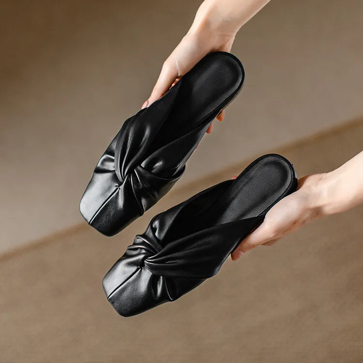 Ladies Round Toe Soft Glove Leather Flat  Mule Slip on