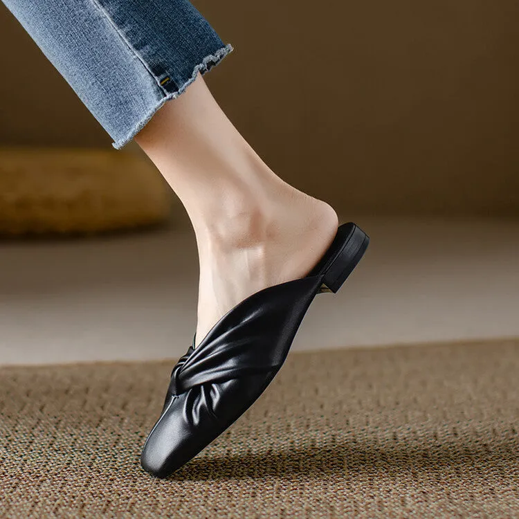 Ladies Round Toe Soft Glove Leather Flat  Mule Slip on