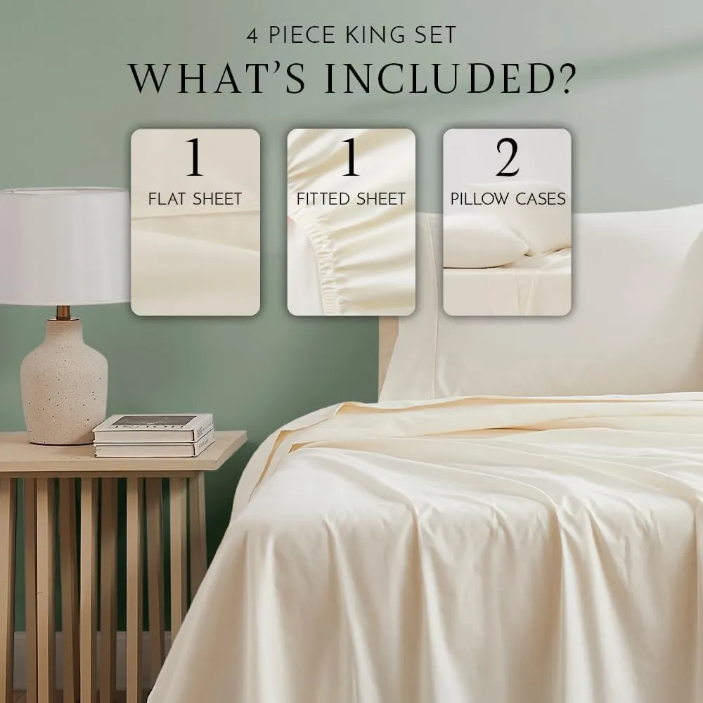Linen Closet Luxury Cotton 300 Thread Count Organic Cotton 4-Piece Sheet Set, King, Fresh Ivory