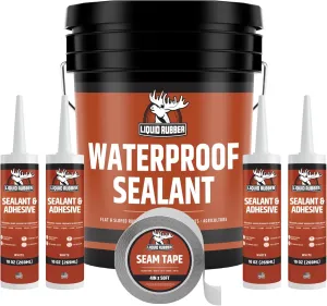 Liquid Rubber Waterproof Sealant - Waterproof Leak Repair Coating, Multi-Surface Rubber Paint, Durable Sealant for Roofs, Kit Includes- 5 Gallon Sealer, Caulk 10.2 oz 4 Pack, Seam Tape 4" x50' Black