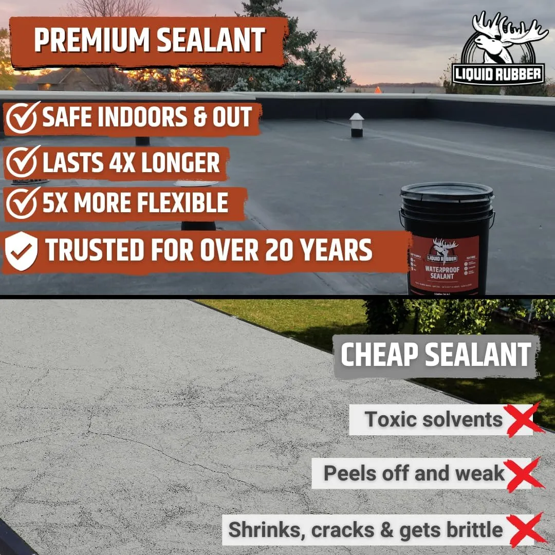 Liquid Rubber Waterproof Sealant - Waterproof Leak Repair Coating, Multi-Surface Rubber Paint, Durable Sealant for Roofs, Kit Includes- 5 Gallon Sealer, Caulk 10.2 oz 4 Pack, Seam Tape 4" x50' Black