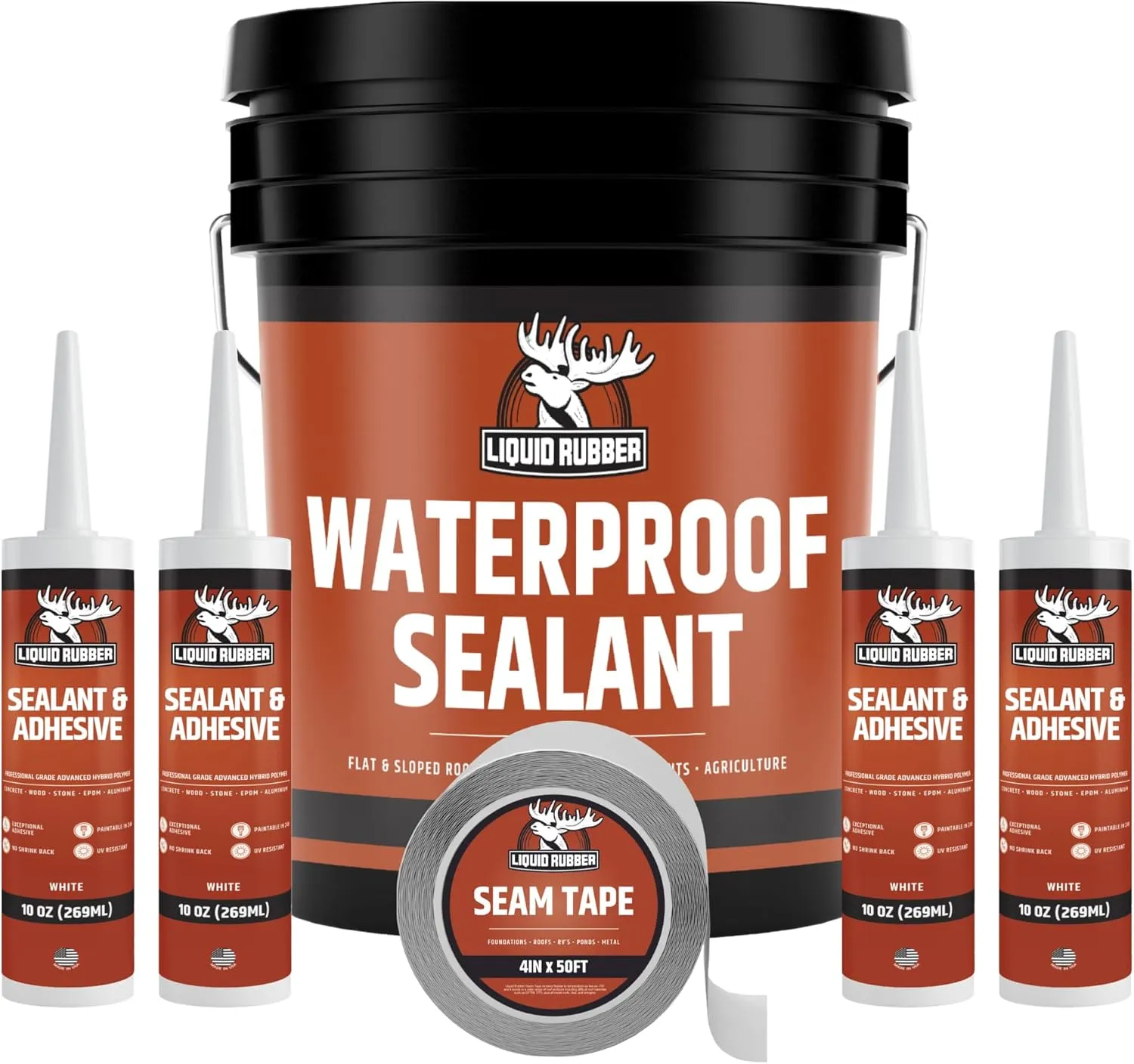 Liquid Rubber Waterproof Sealant - Waterproof Leak Repair Coating, Multi-Surface Rubber Paint, Durable Sealant for Roofs, Kit Includes- 5 Gallon Sealer, Caulk 10.2 oz 4 Pack, Seam Tape 4" x50' Black