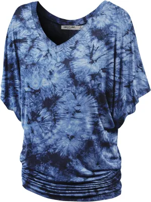 Lock and Love Women's Short Sleeve Crew Neck/V Neck Tie-Dye Dolman Tunic Top