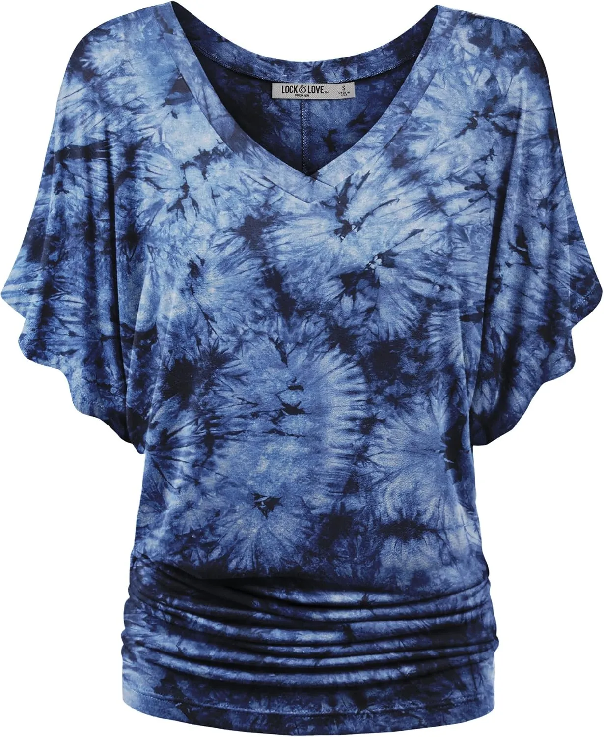 Lock and Love Women's Short Sleeve Crew Neck/V Neck Tie-Dye Dolman Tunic Top
