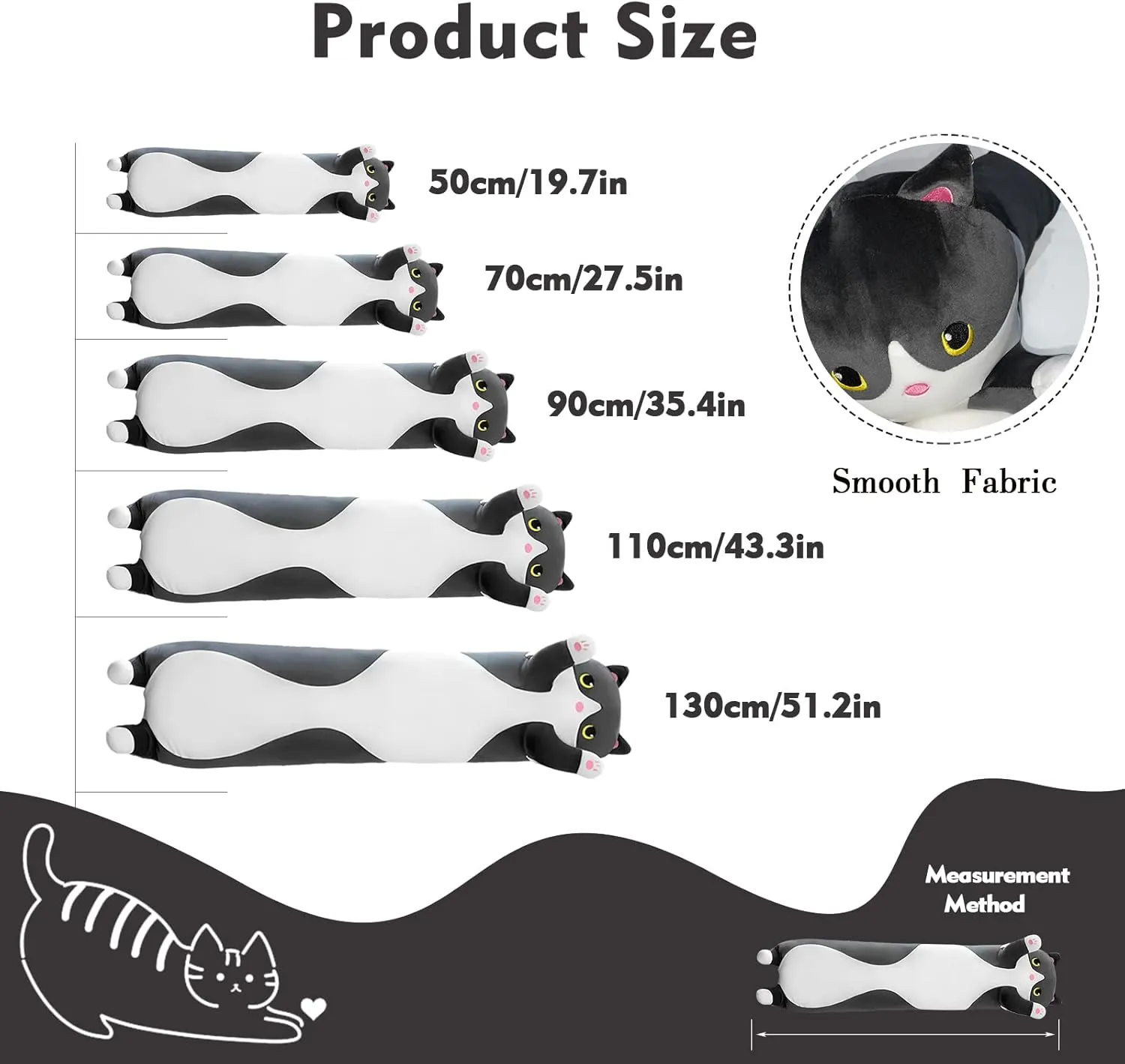 Long Cat Plush Pillow, 51in Cute Black Cat Plushie Stuffed Animals Body Pillow, Kawaii Kitten Soft Plushie Doll Toy Birthday Gift for Kids Girlfriend