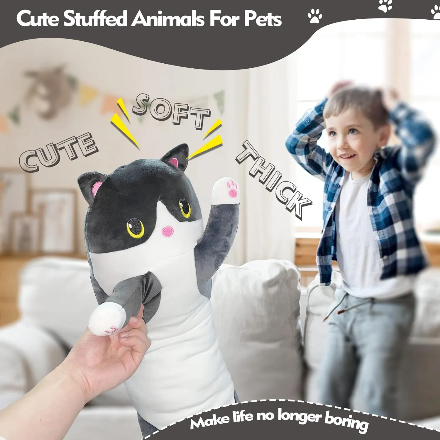Long Cat Plush Pillow, 51in Cute Black Cat Plushie Stuffed Animals Body Pillow, Kawaii Kitten Soft Plushie Doll Toy Birthday Gift for Kids Girlfriend