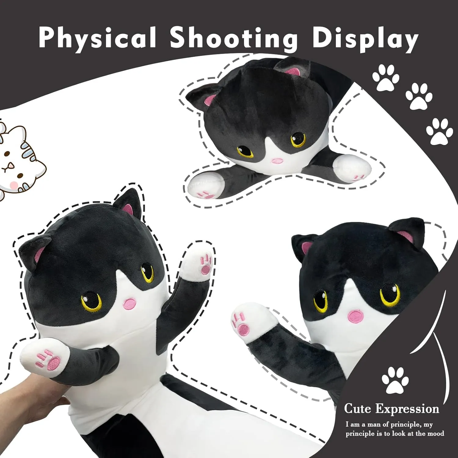 Long Cat Plush Pillow, 51in Cute Black Cat Plushie Stuffed Animals Body Pillow, Kawaii Kitten Soft Plushie Doll Toy Birthday Gift for Kids Girlfriend