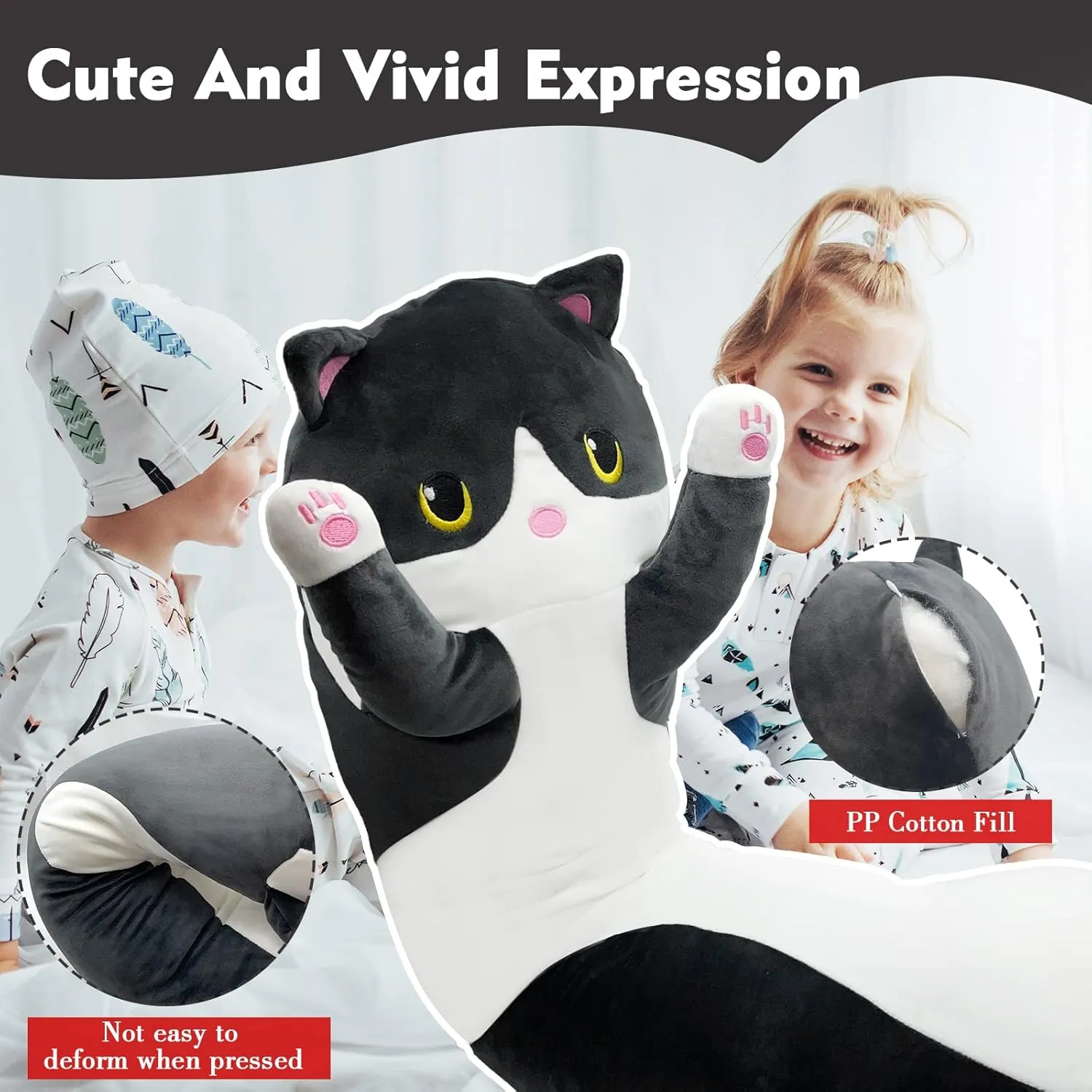 Long Cat Plush Pillow, 51in Cute Black Cat Plushie Stuffed Animals Body Pillow, Kawaii Kitten Soft Plushie Doll Toy Birthday Gift for Kids Girlfriend