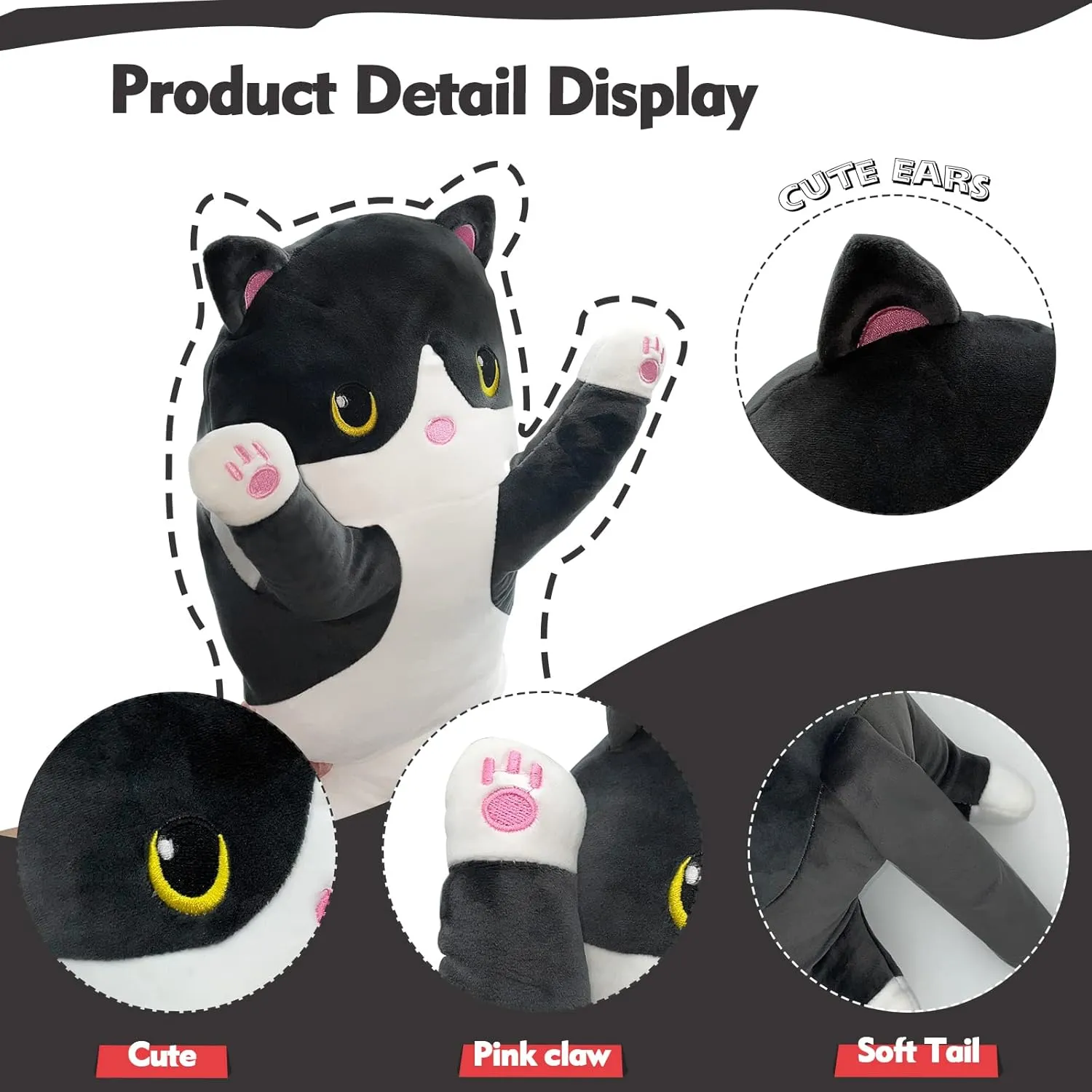 Long Cat Plush Pillow, 51in Cute Black Cat Plushie Stuffed Animals Body Pillow, Kawaii Kitten Soft Plushie Doll Toy Birthday Gift for Kids Girlfriend