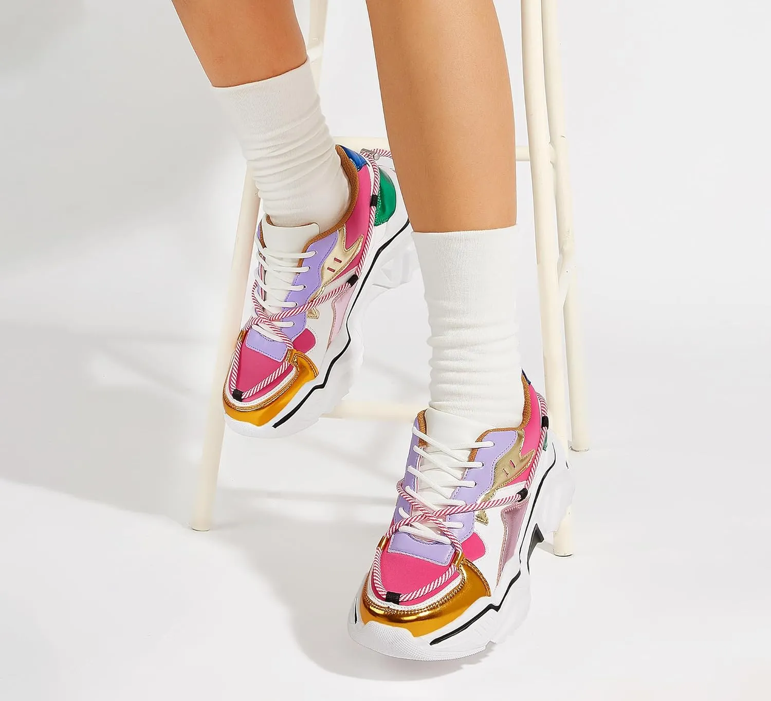 LUCKY STEP Women's Platform Colorful Fashion Sneakers Retro Colorblock Stylish Cute Chunky Dad Walking Shoes