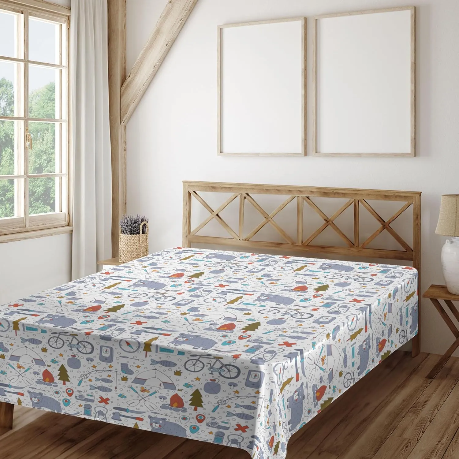Lunarable Camping Flat Sheet, Cartoon Bear Tent and Compass Outdoor Hobby Theme Hiking Doodle, Soft Comfortable Top Sheet Decorative Bedding 1 Piece, Queen Size, Vermilion Bluegrey