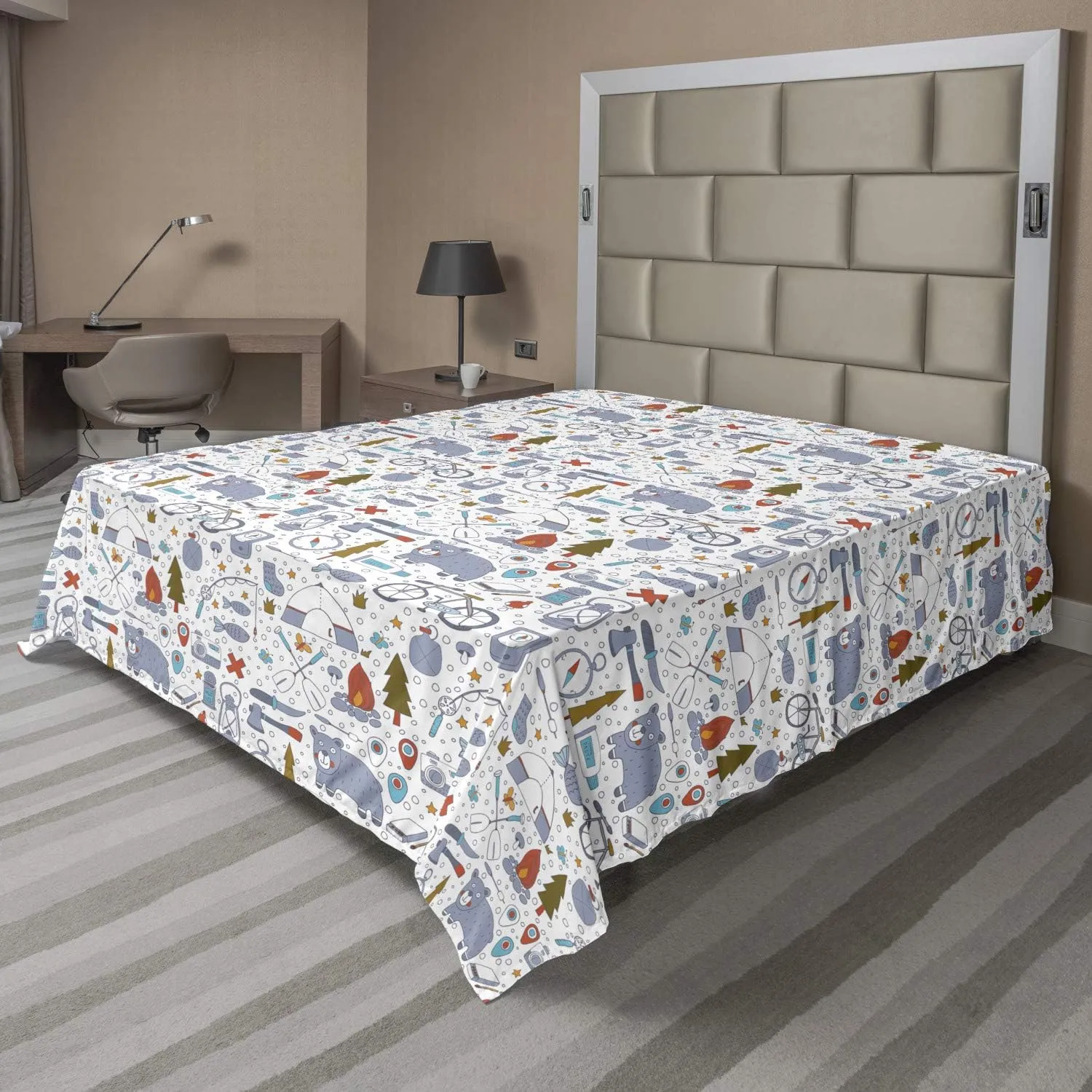 Lunarable Camping Flat Sheet, Cartoon Bear Tent and Compass Outdoor Hobby Theme Hiking Doodle, Soft Comfortable Top Sheet Decorative Bedding 1 Piece, Queen Size, Vermilion Bluegrey