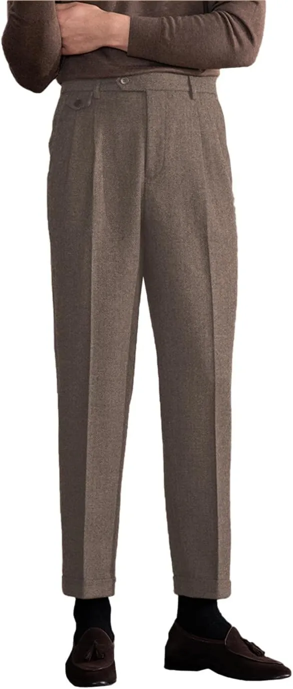 Men's Suit Tweed Pants Vintage Trousers Herringbone Wool Pleat-Front Dress Suit Pants