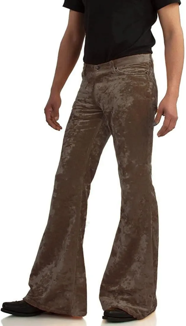 Men's Velvet Relaxed Vintage 60s 70s Bell Bottom Stretch Fit Classic Comfort Flared Flares Retro Leg Disco Pants