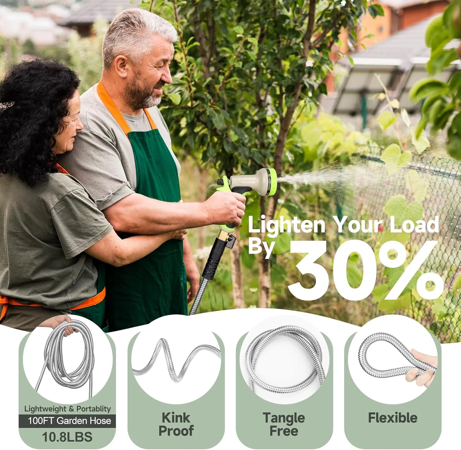 Metal Garden Hose 100 ft Stainless Steel Water Hose Heavy Duty with 10 Way Nozzle-Flexible Lightweight Durable No Kink & Tangle Hoses Pipe Strong 3/4’’ Solid Brass Fitting for Outdoor Yard