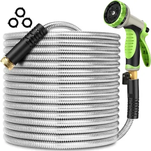 Metal Garden Hose 100 ft Stainless Steel Water Hose Heavy Duty with 10 Way Nozzle-Flexible Lightweight Durable No Kink & Tangle Hoses Pipe Strong 3/4’’ Solid Brass Fitting for Outdoor Yard