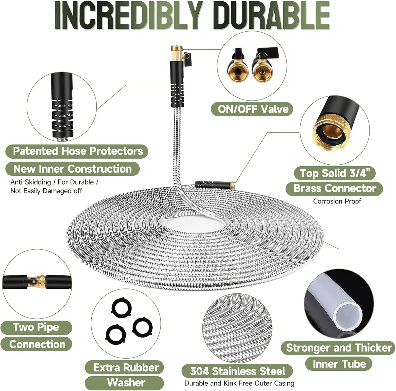Metal Garden Hose 100 ft Stainless Steel Water Hose Heavy Duty with 10 Way Nozzle-Flexible Lightweight Durable No Kink & Tangle Hoses Pipe Strong 3/4’’ Solid Brass Fitting for Outdoor Yard