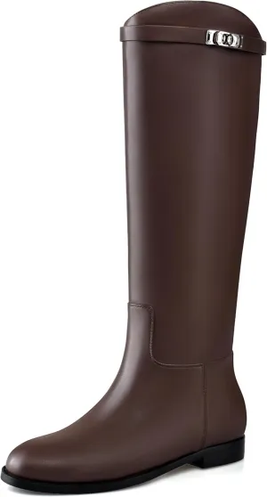 MIRAAZZURRA Flat Knee High Boots Women Round Toe Tall Flat Boots with Buckle Back Zipper Womens Riding Boots