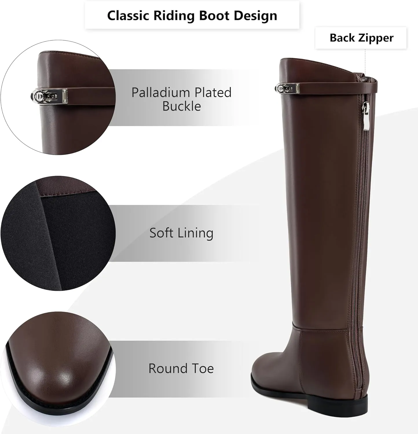 MIRAAZZURRA Flat Knee High Boots Women Round Toe Tall Flat Boots with Buckle Back Zipper Womens Riding Boots