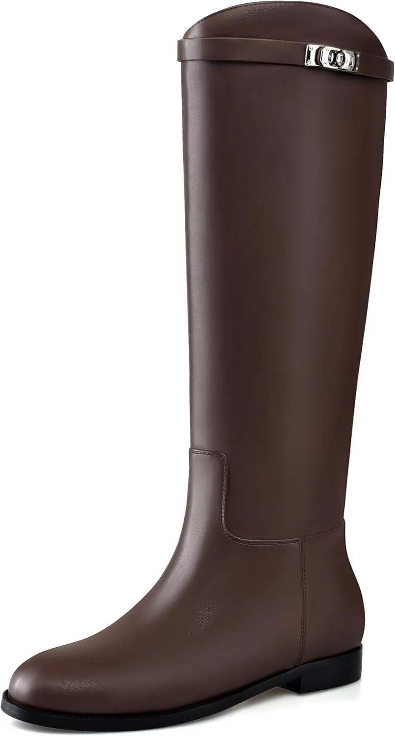MIRAAZZURRA Flat Knee High Boots Women Round Toe Tall Flat Boots with Buckle Back Zipper Womens Riding Boots
