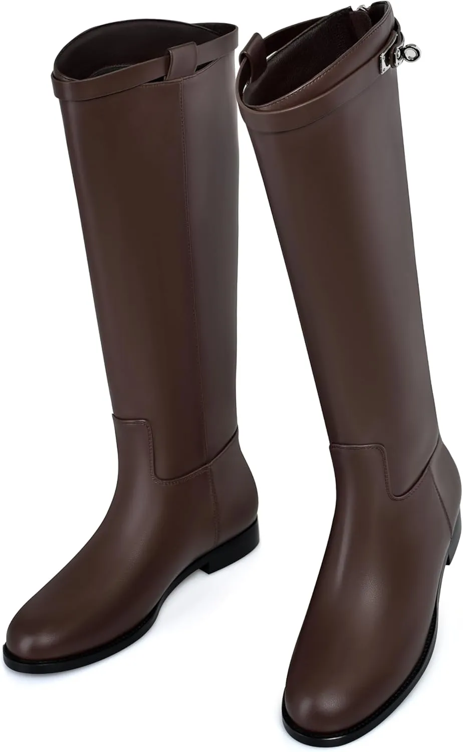 MIRAAZZURRA Flat Knee High Boots Women Round Toe Tall Flat Boots with Buckle Back Zipper Womens Riding Boots