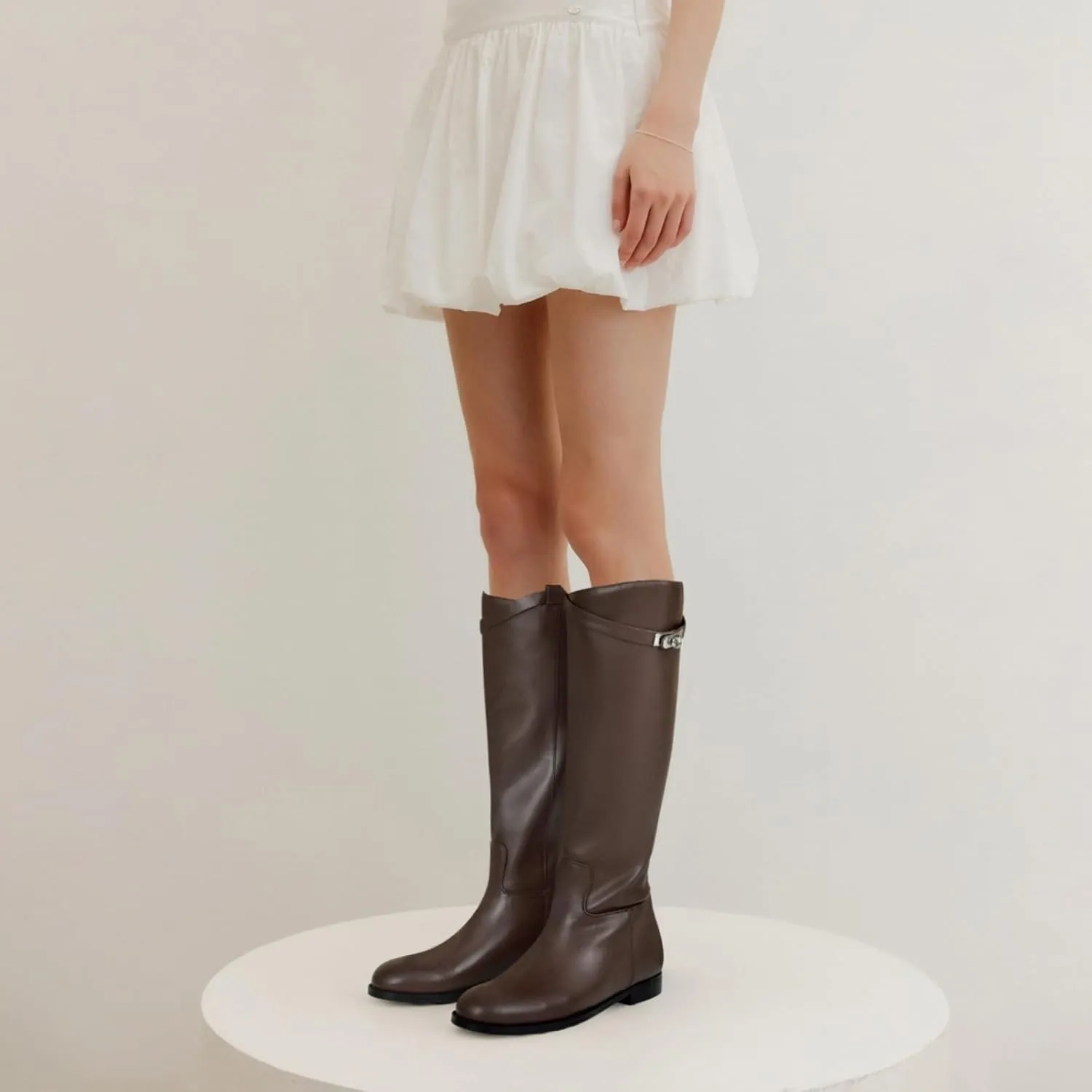 MIRAAZZURRA Flat Knee High Boots Women Round Toe Tall Flat Boots with Buckle Back Zipper Womens Riding Boots