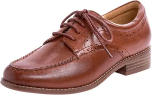 Mona flying Women's Classic Leather Derby Oxfords Round Toe Lace up Flat Office Work Shoes for Ladies Rust-red