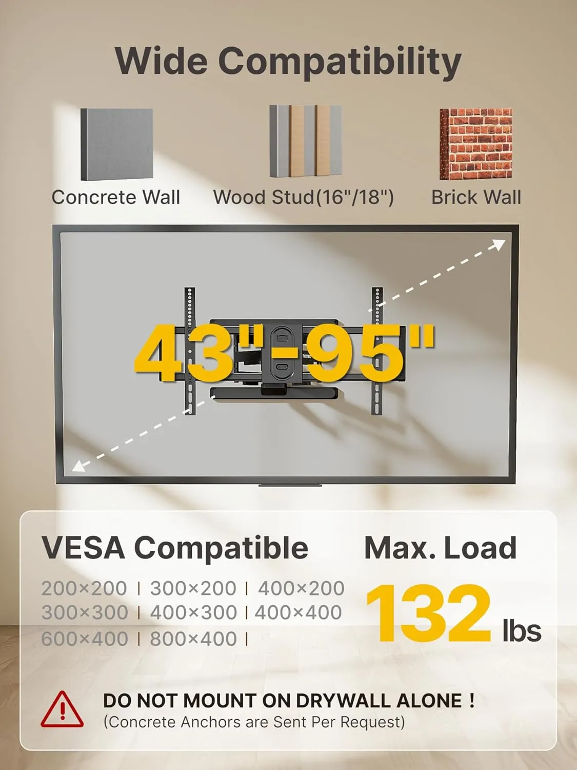 monTEK Full Motion TV Wall Mount for 43–95 Inch TVs, Pre-Assembled TV Mount with Tool-Free Tilt, Swivel, Extension, Max VESA 800 x 400mm and 132 lbs, 16″/18″ Wood Studs