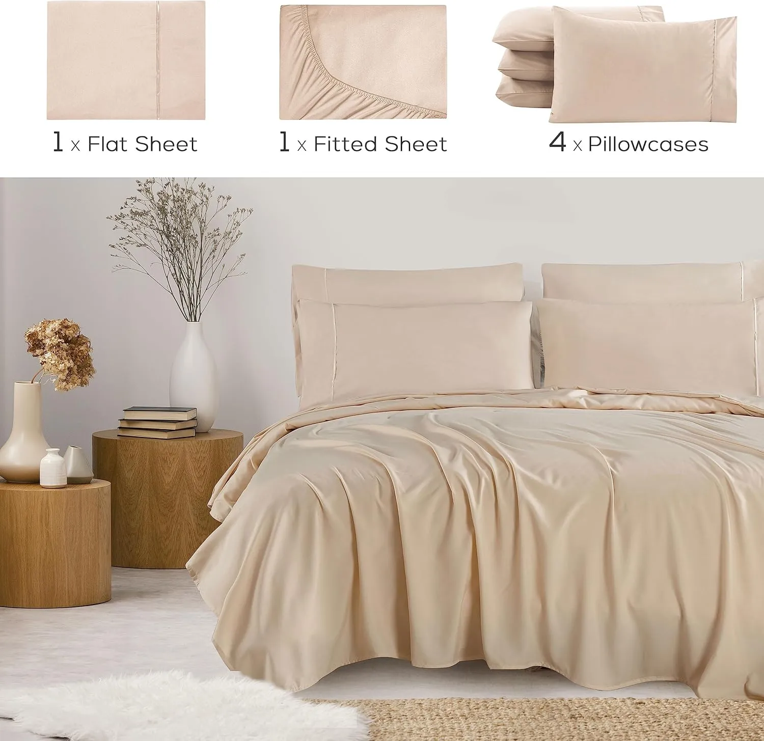Mueller Ultratemp King Size Sheets Set, Super Soft 1800, 6 Piece, Deep Pocket up to 16" Cooling Sheets King Size, Transfers Heat, Breathes Better, Hypoallergenic, Wrinkle, Cream