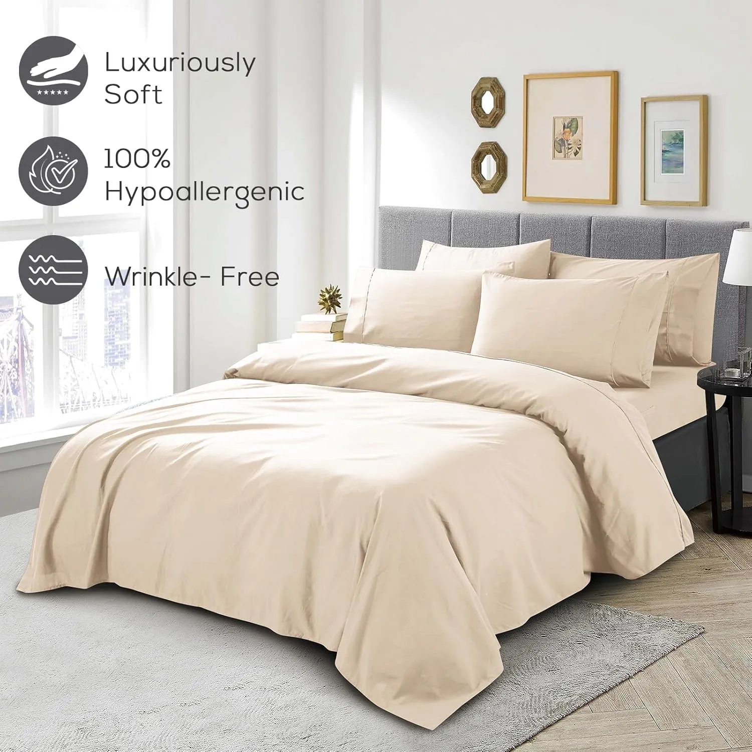 Mueller Ultratemp King Size Sheets Set, Super Soft 1800, 6 Piece, Deep Pocket up to 16" Cooling Sheets King Size, Transfers Heat, Breathes Better, Hypoallergenic, Wrinkle, Cream