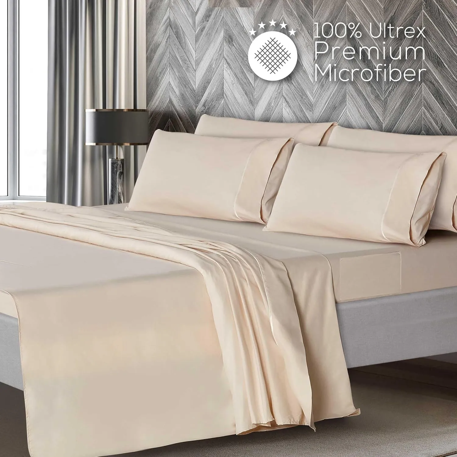 Mueller Ultratemp King Size Sheets Set, Super Soft 1800, 6 Piece, Deep Pocket up to 16" Cooling Sheets King Size, Transfers Heat, Breathes Better, Hypoallergenic, Wrinkle, Cream