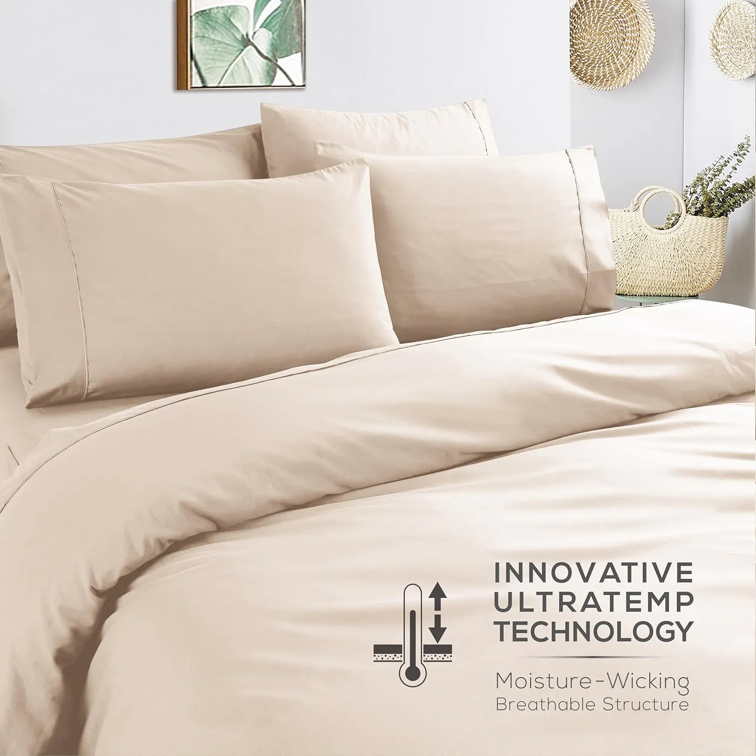 Mueller Ultratemp King Size Sheets Set, Super Soft 1800, 6 Piece, Deep Pocket up to 16" Cooling Sheets King Size, Transfers Heat, Breathes Better, Hypoallergenic, Wrinkle, Cream