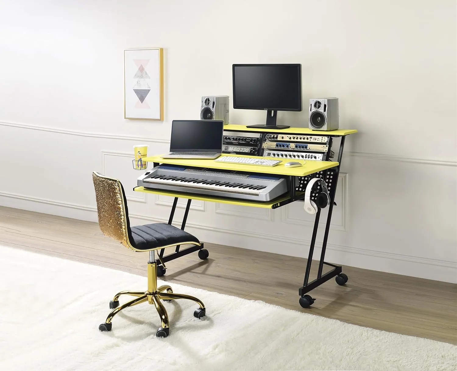 Music Recording Studio Desk for Aspiring Creators, Mobile Design with Ample Space for Keyboards and Monitors, Yellow and Black Finish