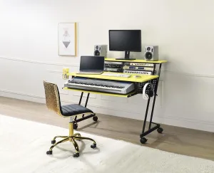 Music Recording Studio Desk for Aspiring Creators, Mobile Design with Ample Space for Keyboards and Monitors, Yellow and Black Finish