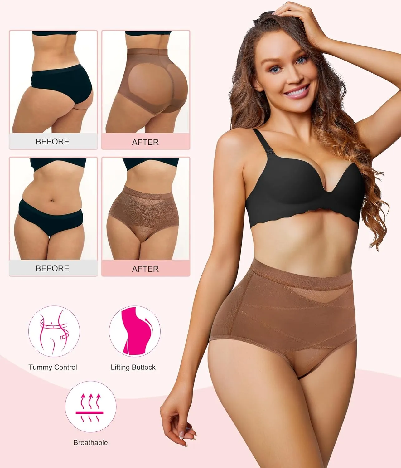 Nebility 2 Piece Tummy Control Shapewear Butt Lifting Underwear for Women Lower Belly Waist Trainer Seamless Faja Body Shaper