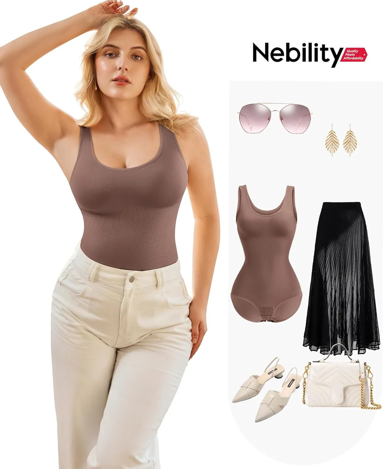 Nebility Bodysuit Shapewear for Women Tummy Control Body Shaper Faja Waist Trainer Seamless Body Suit Going Out Tops
