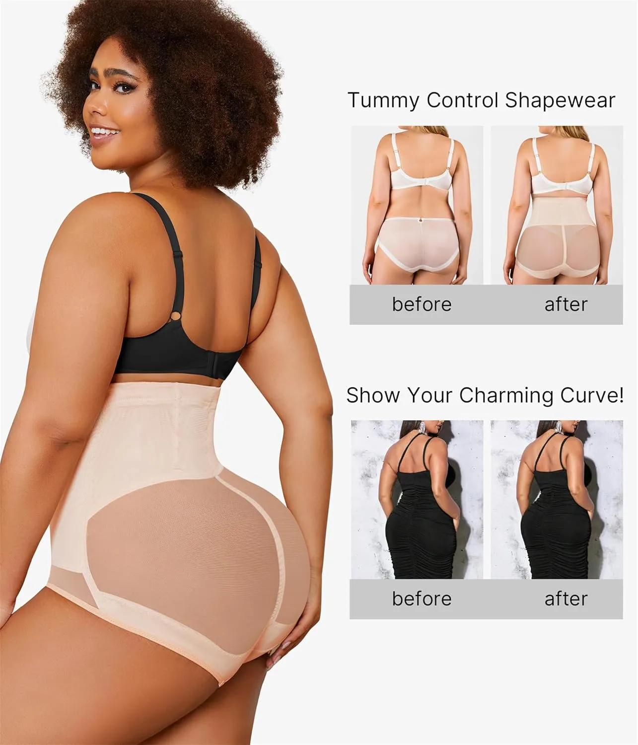 Nebility Plus Size Shapewear for Women Tummy Control Butt Lifting Panties Hi- Waist Trainer Body Shaper Short Belly Underwear