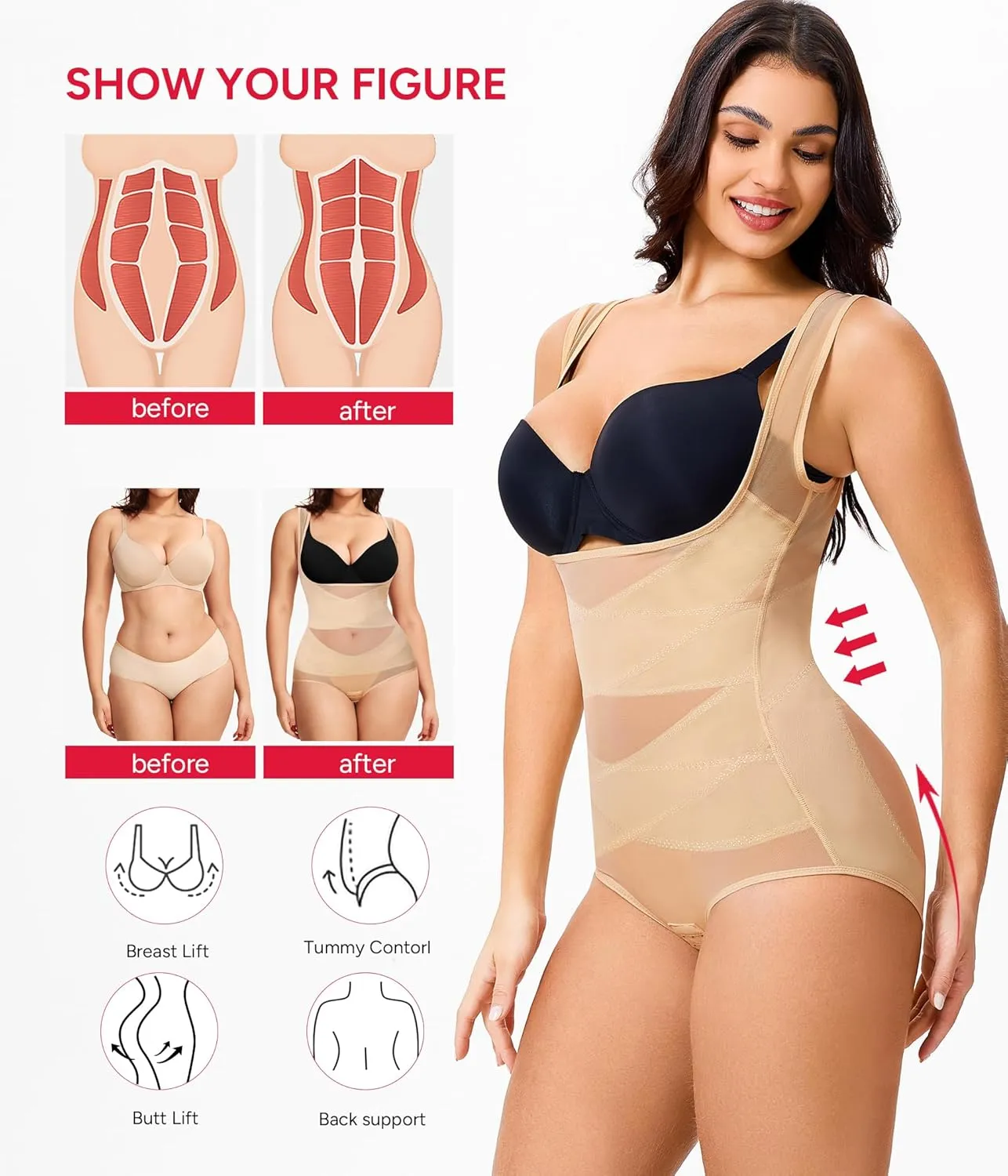 Nebility Shapewear for Women Tummy Control Bodysuit Faja Body Shaper Waist Trainer Snatched Corset Body Suit