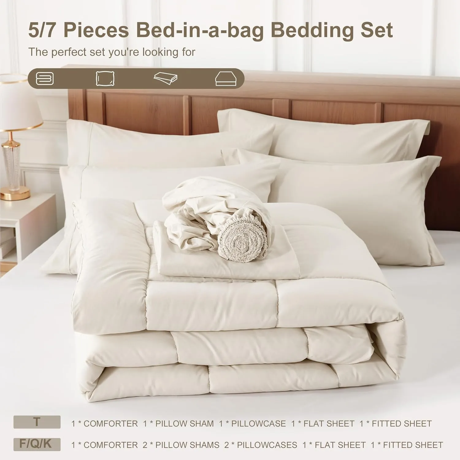 Newspin California King Bed in a Bag Bedding Set - 7 Pieces Beige All Season Comforter Set, Ultra Soft Bedding Comforter Set with Comforter, Flat Sheet, Fitted Sheet, Pillowcases & Shams