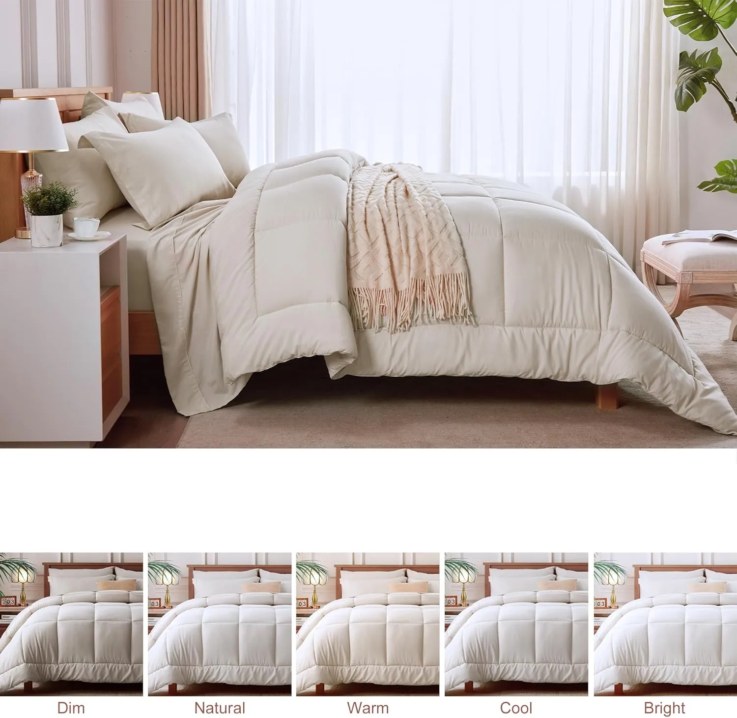 Newspin California King Bed in a Bag Bedding Set - 7 Pieces Beige All Season Comforter Set, Ultra Soft Bedding Comforter Set with Comforter, Flat Sheet, Fitted Sheet, Pillowcases & Shams