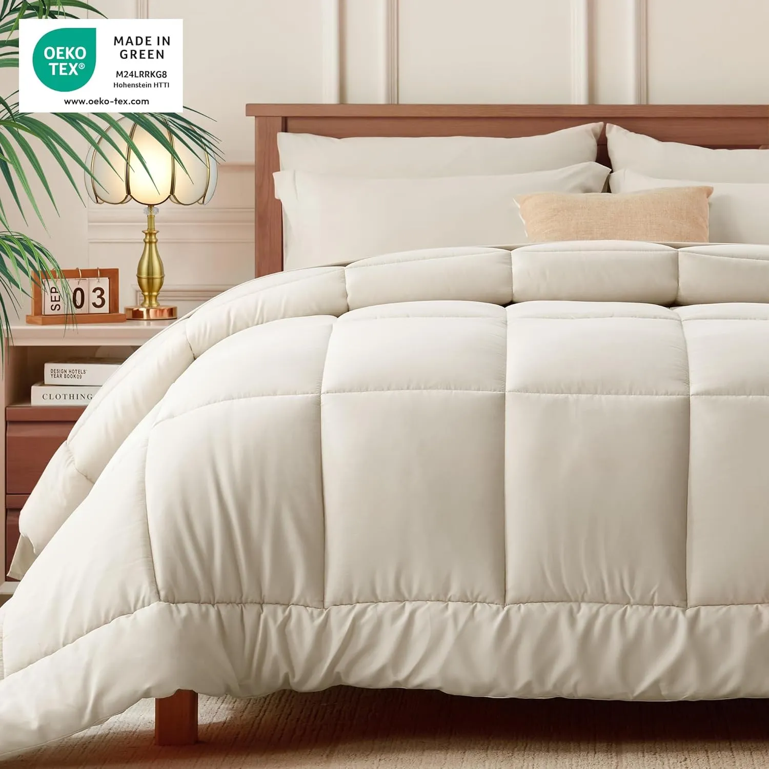 Newspin California King Bed in a Bag Bedding Set - 7 Pieces Beige All Season Comforter Set, Ultra Soft Bedding Comforter Set with Comforter, Flat Sheet, Fitted Sheet, Pillowcases & Shams