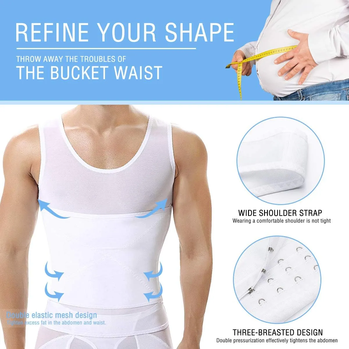 NonEcho Men Shapewear Compression Shirts Undershirts Slimming Body Shaper Waist Trainer Tank Top Vest with Zipper