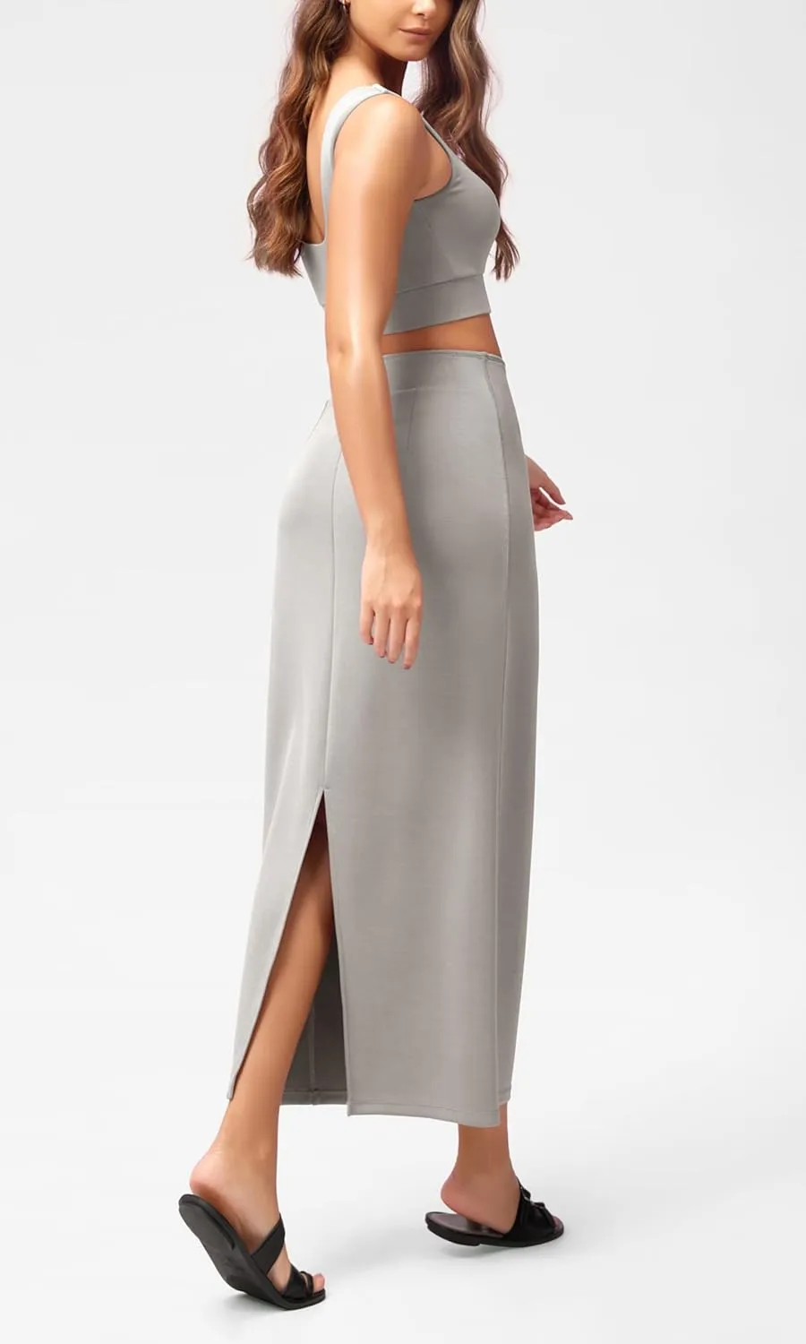 ODODOS Modal Soft Maxi Skirt for Women, Back Slit High Waist Casual Long Pencil Skirts