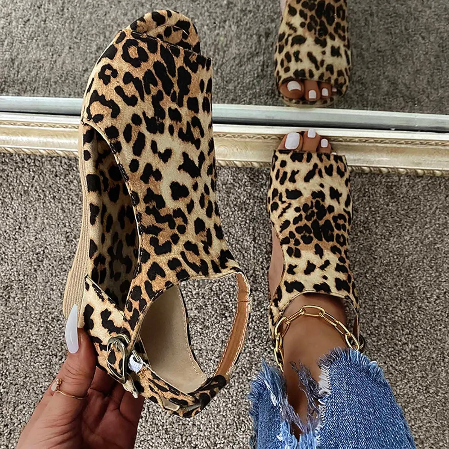 oiangi Womens Wedge Sandals Casual Summer Fish Mouth Open Toe Buckle Hollow Leopard Print Flats Plus Size Comfortable Ladies Outdoor Shoes Sandalias