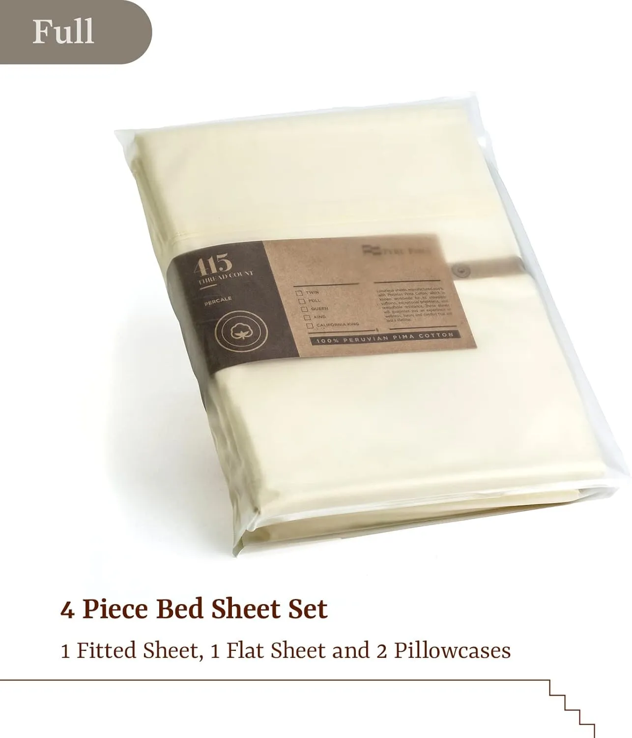 Peru Pima Bed Sheet Set – Full Size, 4 Pieces, 100% Peruvian Pima Cotton, Percale, 415 Thread Count, Cooling, Breathable & Soft, Hotel-Quality Bedding, Ivory